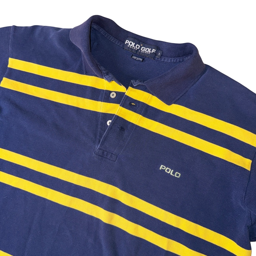 Vintage Polo Golf Ralph Lauren Shirt Large Navy Yellow Striped Short Sleeve